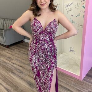 Primavera Couture Magenta Embellished Prom Dress